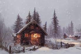 a painting of a cabin in the snow