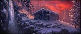 a painting of a cabin on a snowy mountain