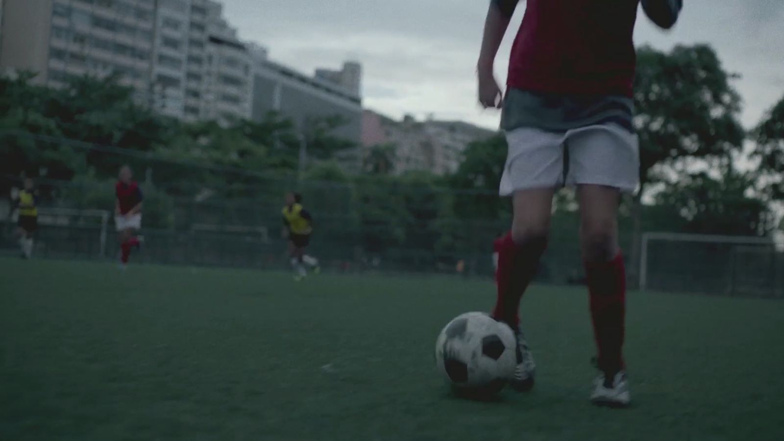 a person kicking a soccer ball on a field