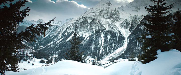 a snow covered mountain with trees in the foreground