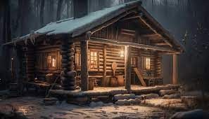 a cabin in the woods with snow on the ground