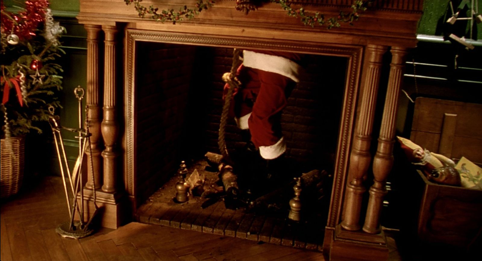 a mantel with a christmas stocking hanging from it