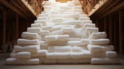 a large stack of white objects in a warehouse