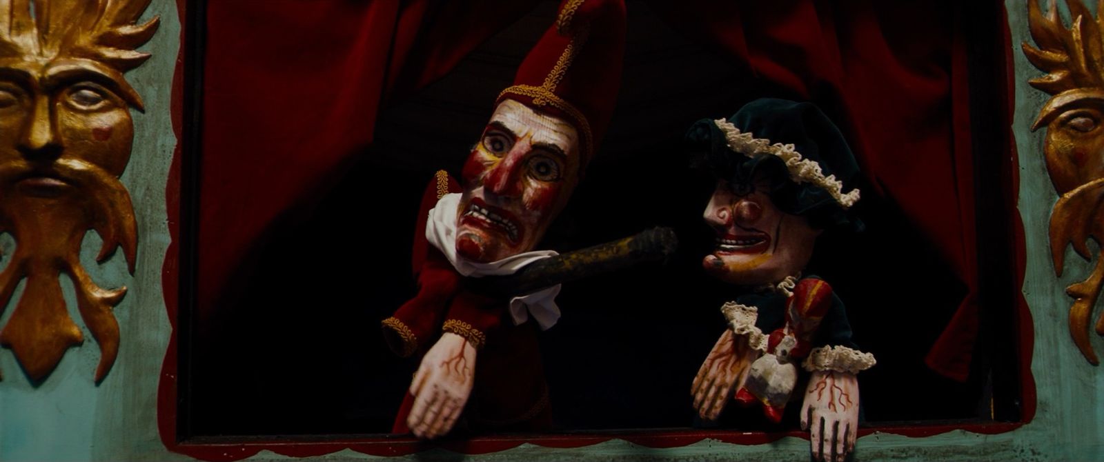 a painting of two creepy clowns looking out of a window