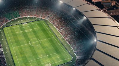 an aerial view of a soccer field in a stadium