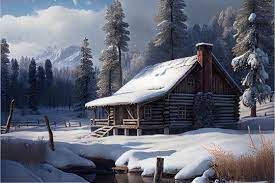 a painting of a cabin in the snow