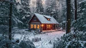 a cabin in the middle of a snowy forest