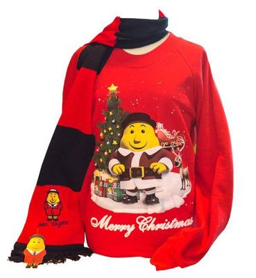 a red sweater with a cartoon character on it