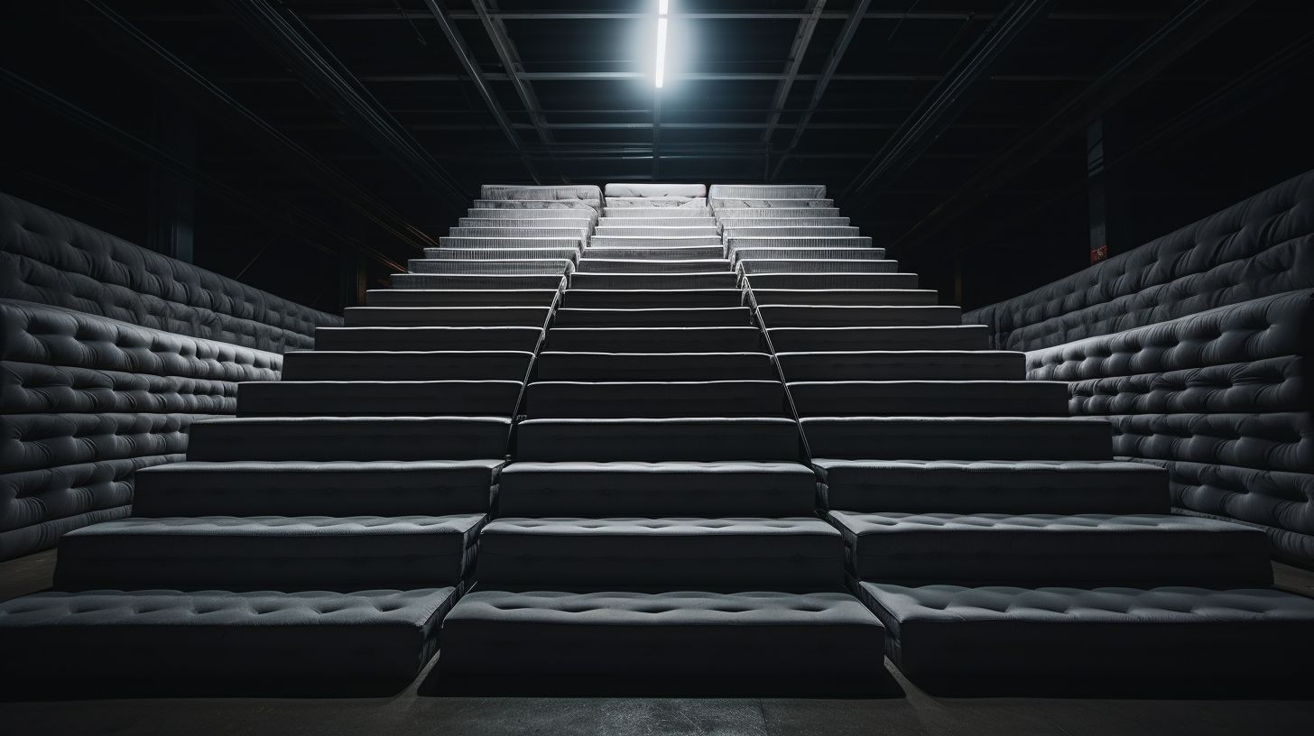 a row of empty seats in a dark auditorium