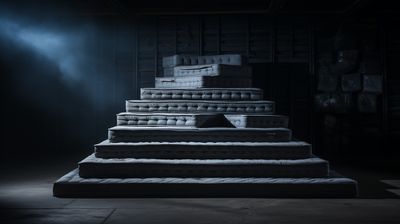 a stack of mattresses in a dark room