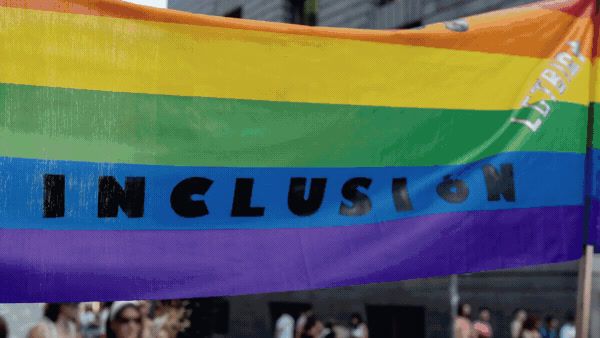 a rainbow flag with the word inclusion written on it