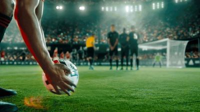 a man holding a soccer ball on top of a field