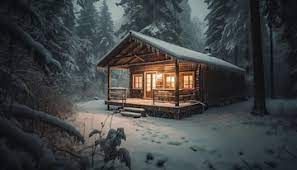 a cabin in the middle of a snowy forest