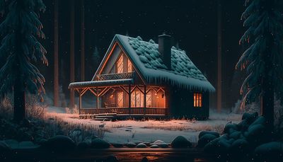 a cabin in the woods with snow on the roof