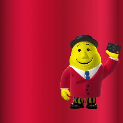 a cartoon character holding up a credit card