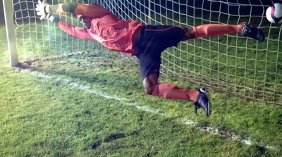 a soccer goalie dives to catch the ball