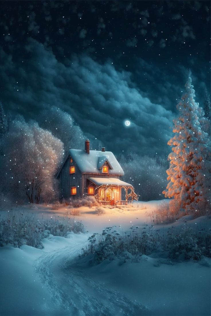 a painting of a house in the snow at night