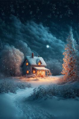 a painting of a house in the snow at night