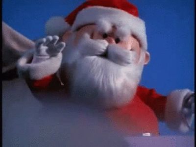 a close up of a santa clause holding a surfboard