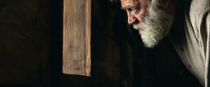 an old man with a white beard looking out of a window