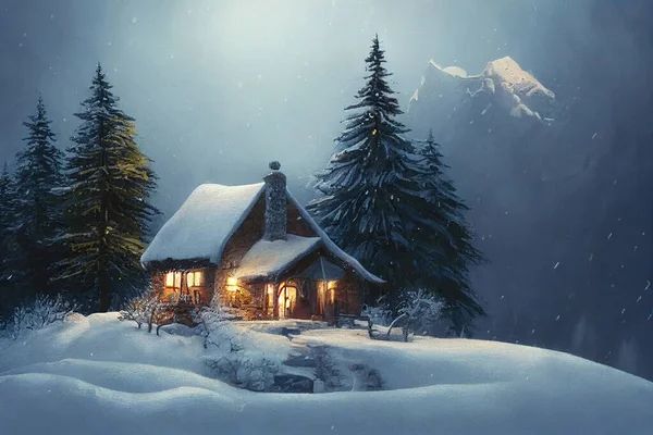 a painting of a cabin in the snow