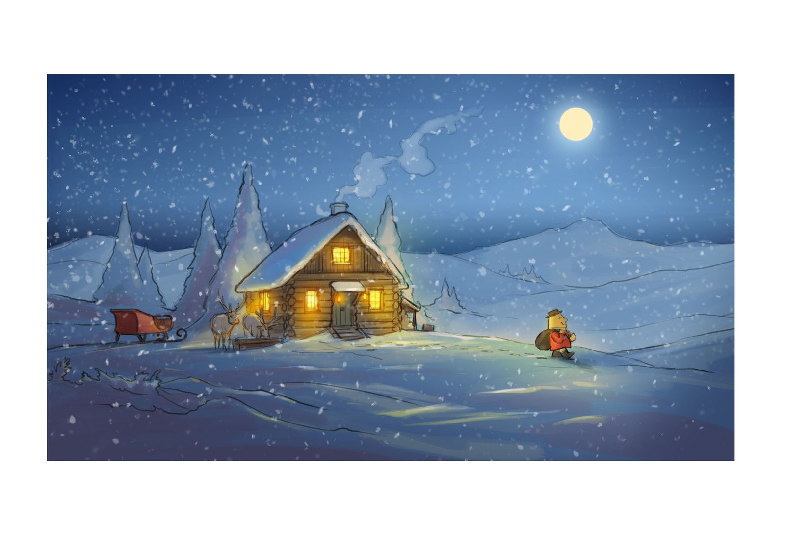 a painting of a house in the snow