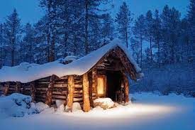 a log cabin in the middle of a snowy forest