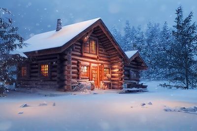 a log cabin in the middle of a snowy forest