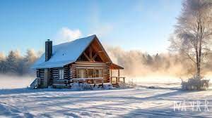 a log cabin in the middle of a snowy field