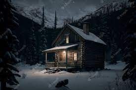 a cabin in the woods is lit up at night