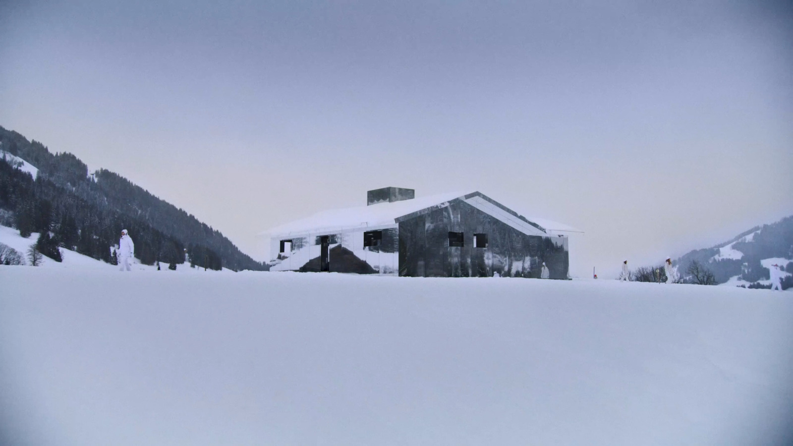 a house in the middle of a snowy field