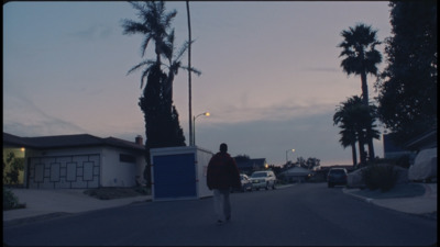 a person walking down a street at dusk