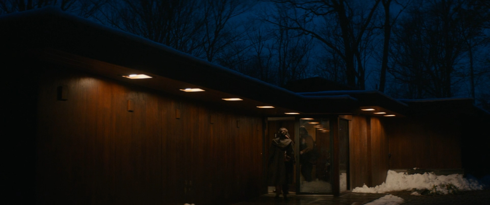 a man standing outside of a building at night