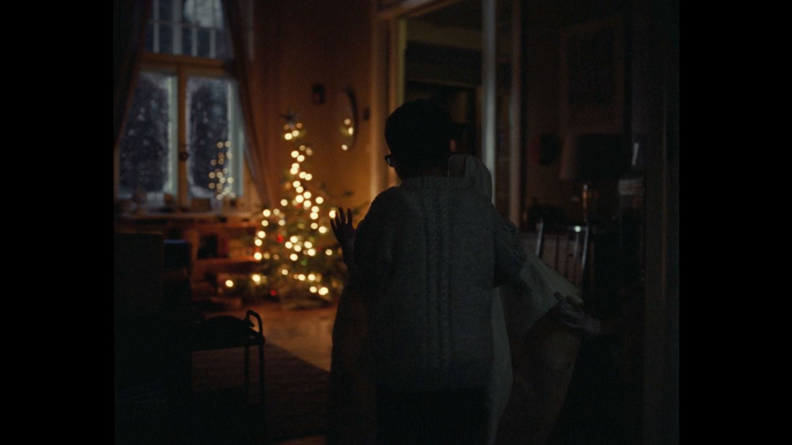 a person standing in front of a christmas tree