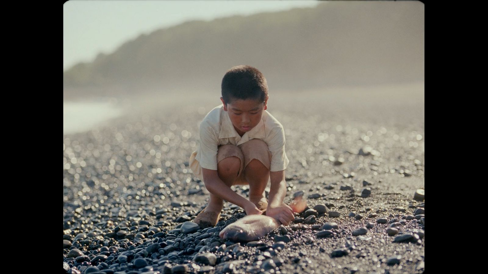 a young boy playing with a toy on a rocky beach