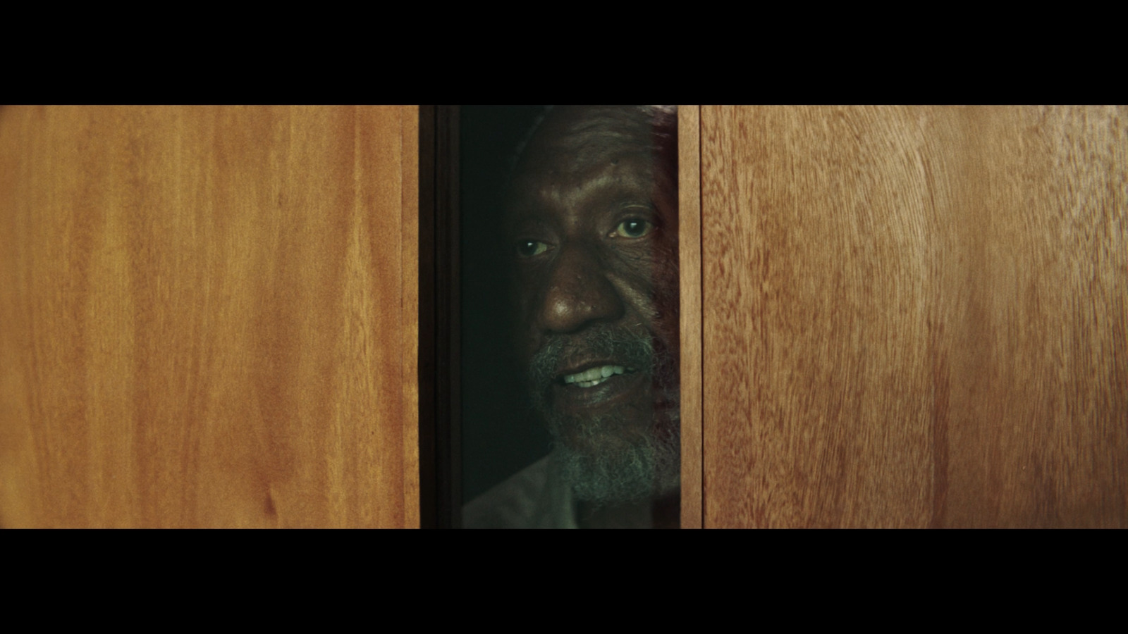 a man looking out of a wooden door