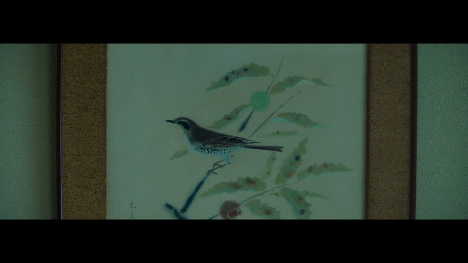 a painting of a bird sitting on a branch