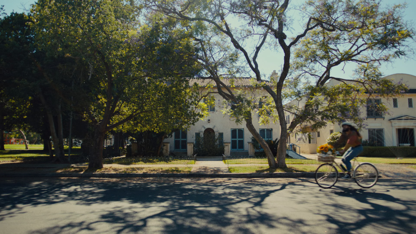 a woman riding a bike down a street next to a tree