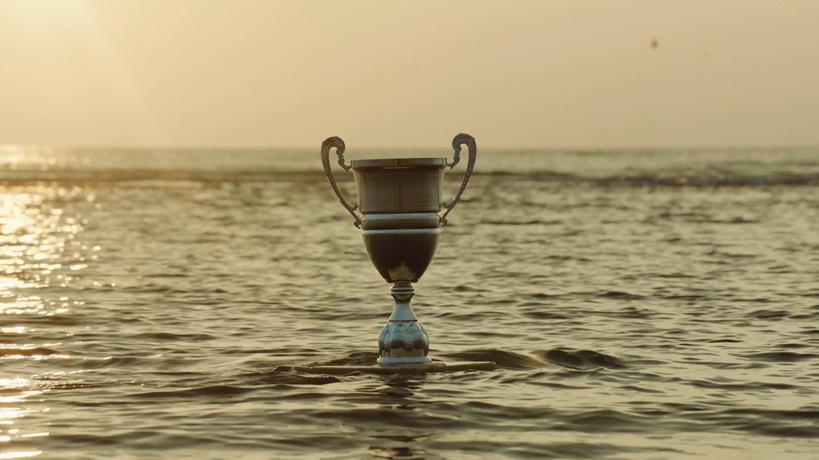 a trophy sitting in the middle of a body of water