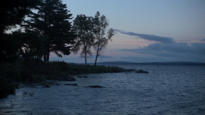 a body of water surrounded by trees at dusk