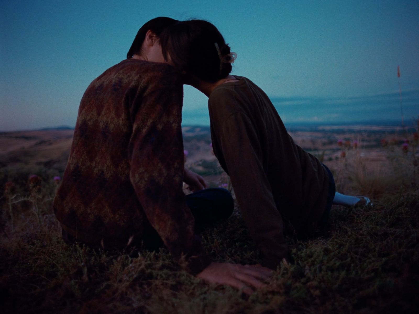 a couple of people sitting on top of a grass covered field