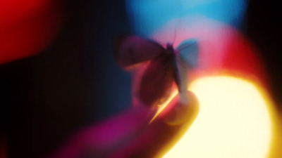 a blurry image of a butterfly on a person's hand