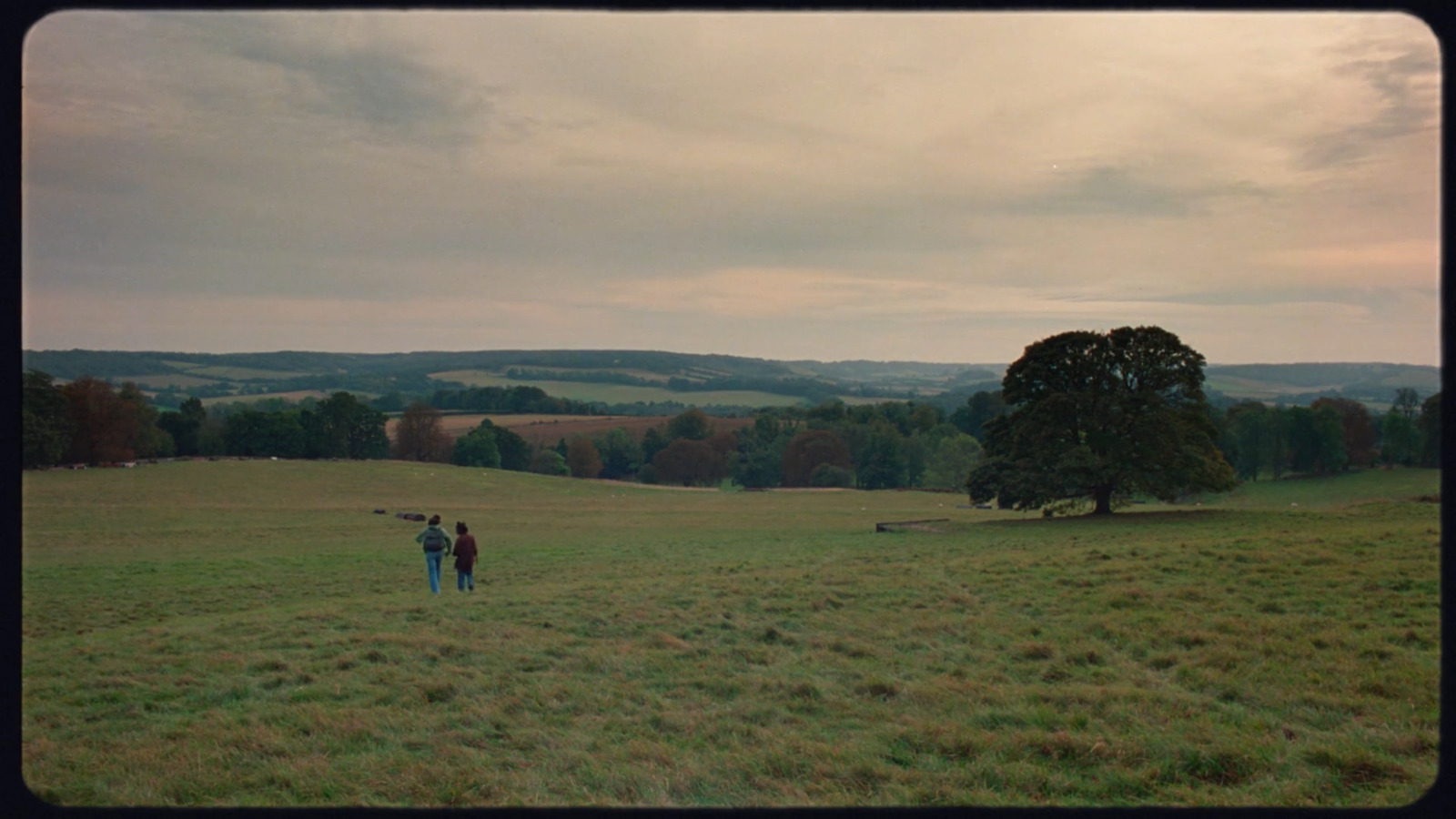 a couple of people standing in a field