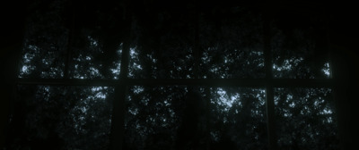 a window in a dark room with trees outside