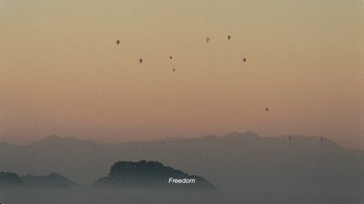 a group of kites flying over a mountain range