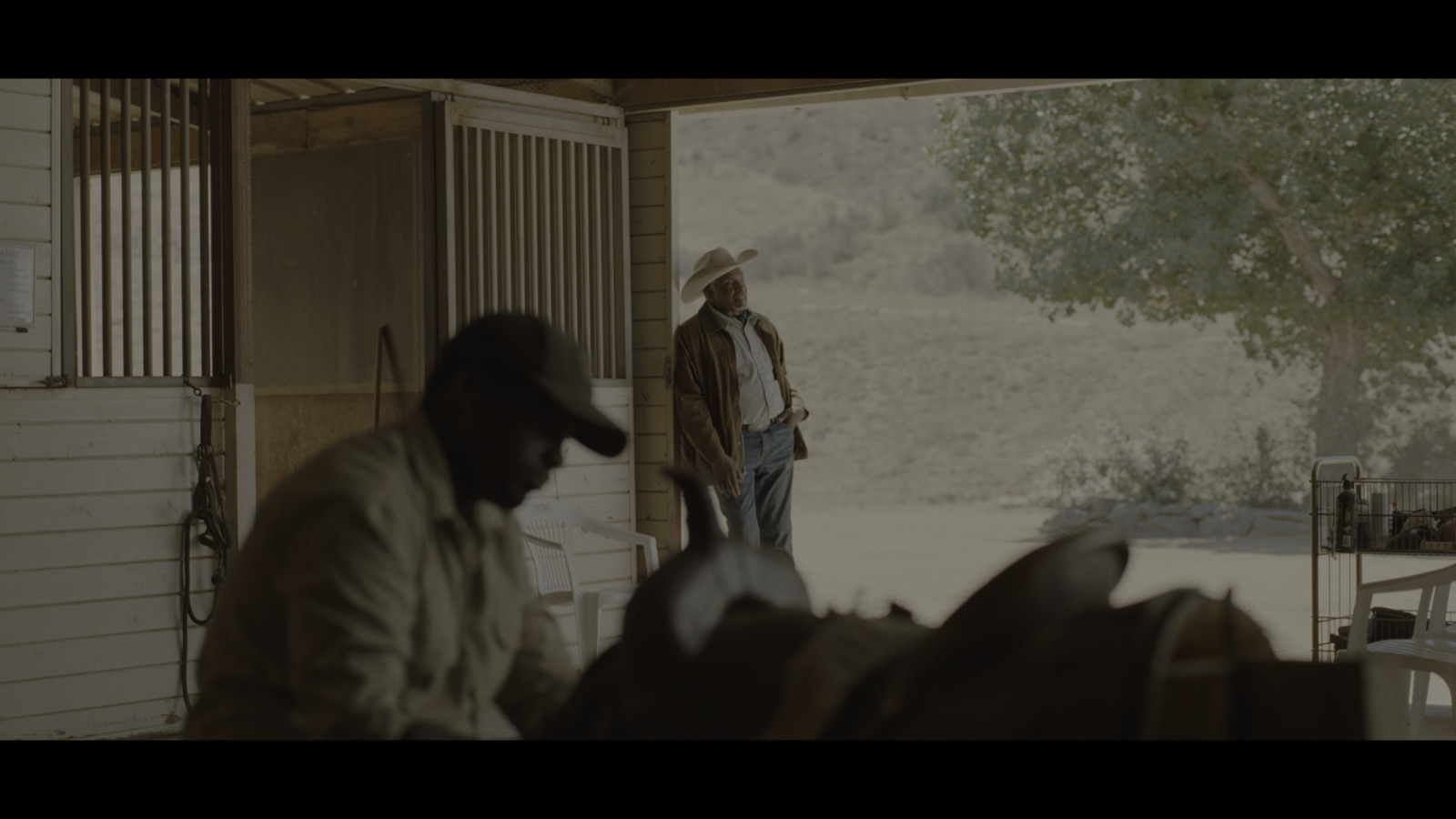 a man standing in front of a horse in a barn