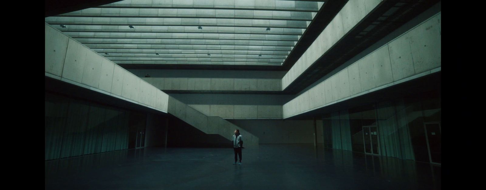 a person standing in an empty building with a skylight