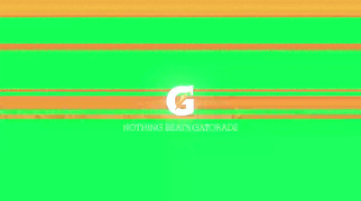 a green and orange striped background with the letter g