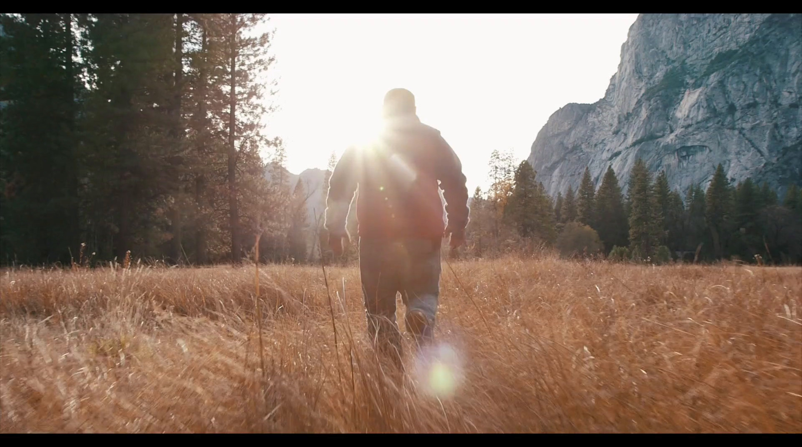 a man walking through a field of tall grass