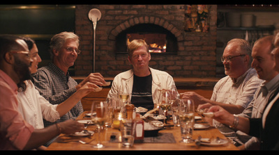 a group of people sitting around a table with wine glasses